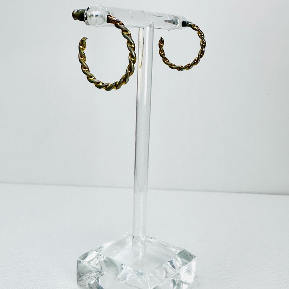 Two Tone Golden Silver Twisted Hoop Earrings 0.8” - Picture 4 of 4